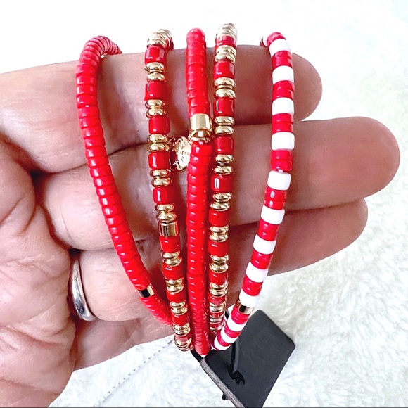 J. Crew Red and White Beaded Bracelets Set of Five - Picture 2 of 5